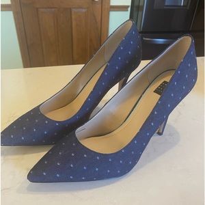 Size 8 WHBM heals! Blue Denim with lighter blue polka dots. Wore 1 time!